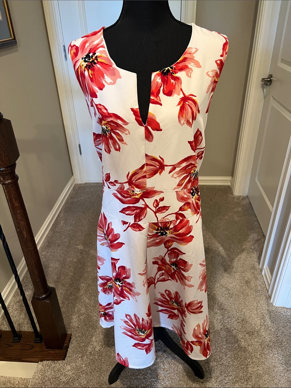 Lane Bryant White Midi Dress with Red and Pink Floral Design